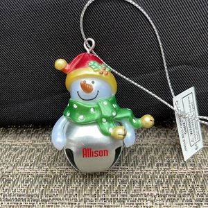 Allison Personalized Jingle Bell Snowman Christmas Ornament NWT
